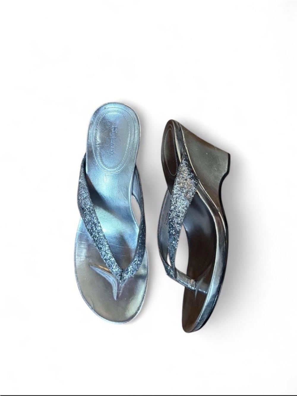 Metallic Silver Wedge Flip Flop Sandals with Glitter Straps